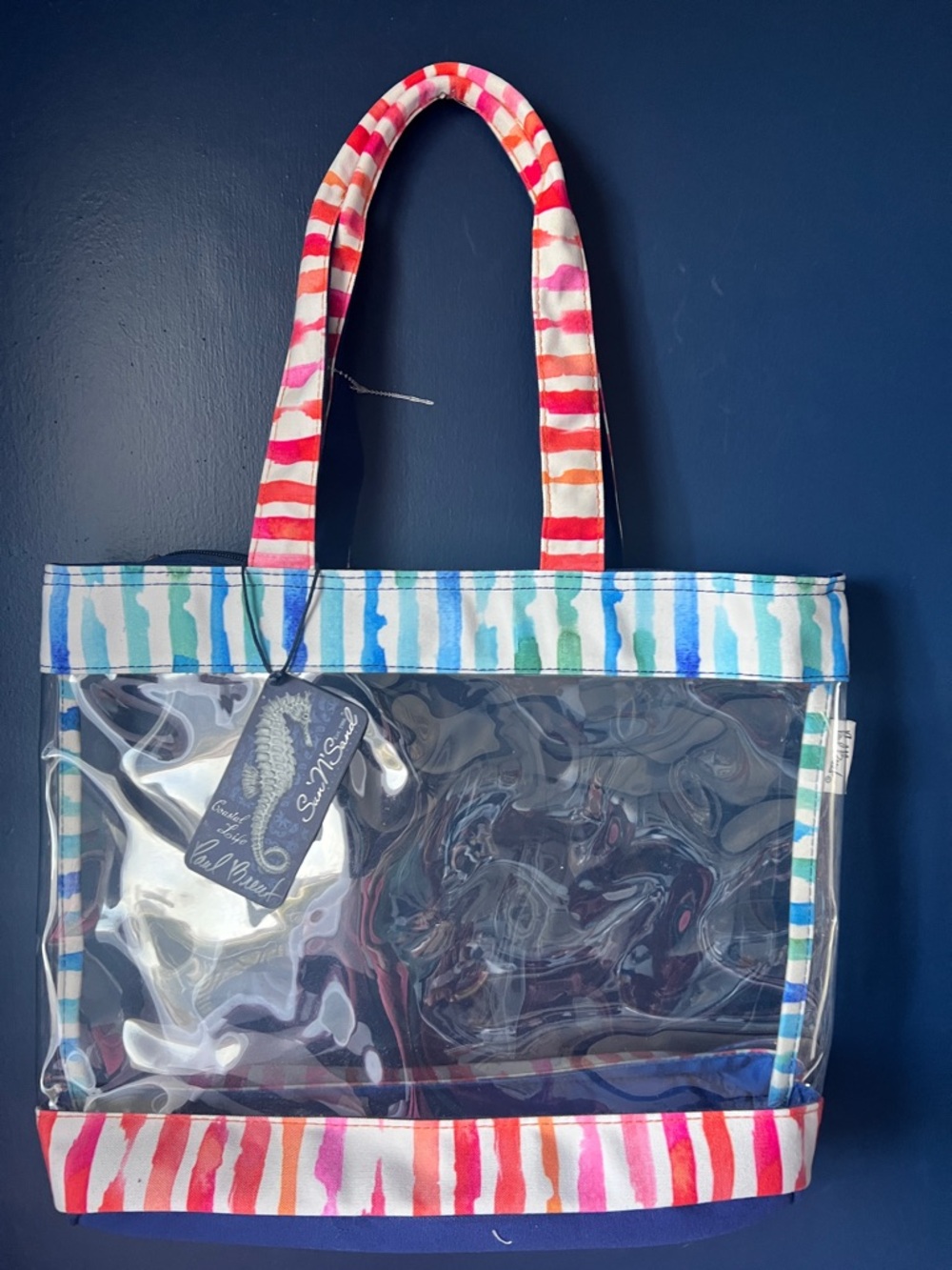 NWT Sun N Sand Clear Tote Beach Bag Coastal Stripe Seahorse Paul Brent